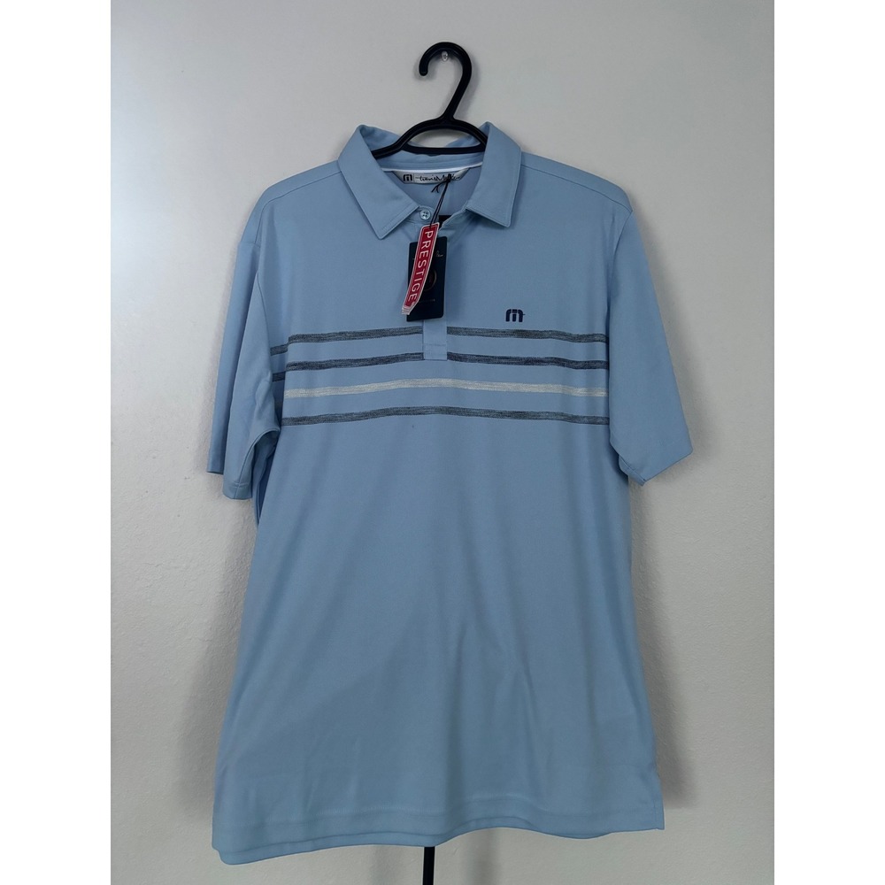 TravisMathew Prestige 777 Mens Blue Striped Golf Polo Shirt Size Medium NWT